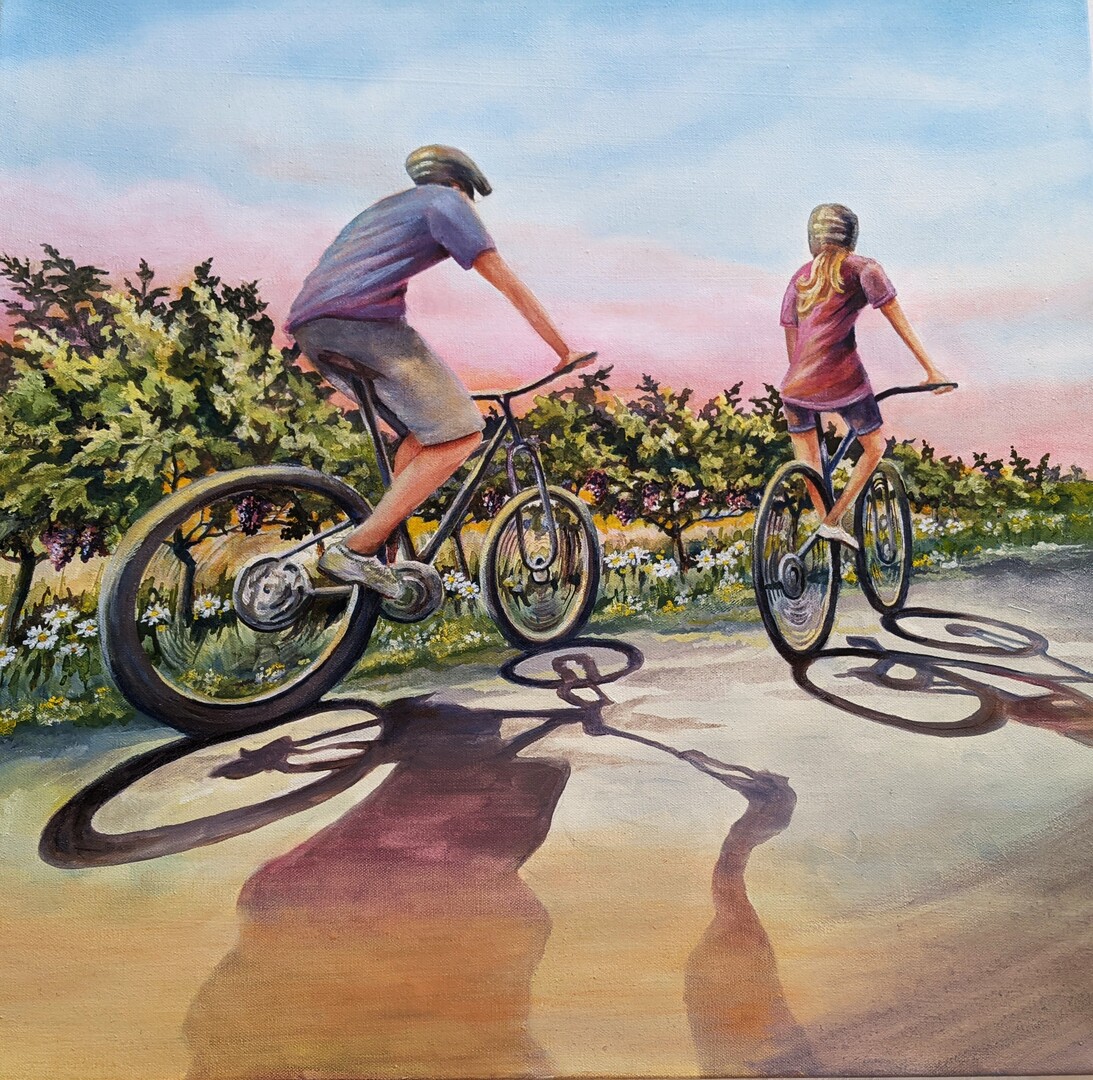 BIKING THROUGH THE VINEYARD - 24 X 24 - Oil on Canvas